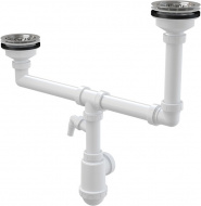 Сифон для сдвоенной мойки с нержавеющими решетками Ø115 двухуровневый с выпуском A454P Alcadrain